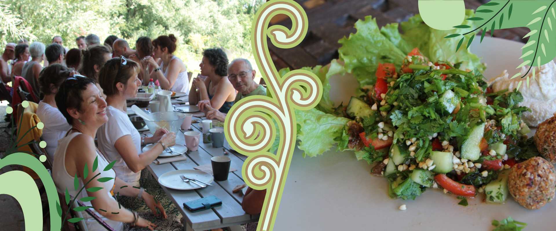 groupe à table et salade dans une assiette